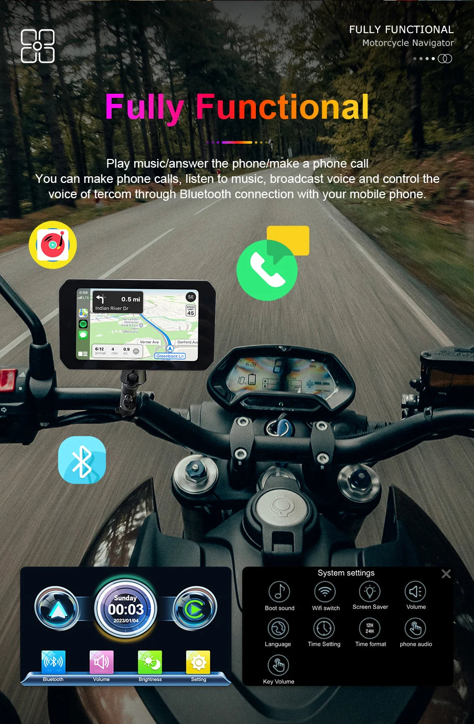 Pantalla de navegación N3 para motocicleta Android Auto , Apple Carplay