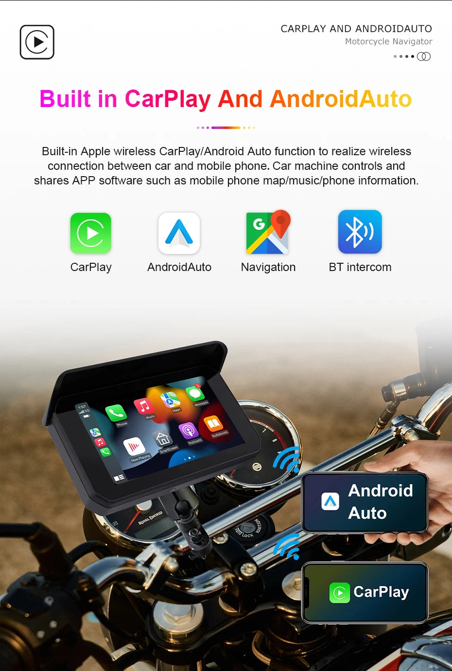 Pantalla de navegación N3 para motocicleta Android Auto , Apple Carplay